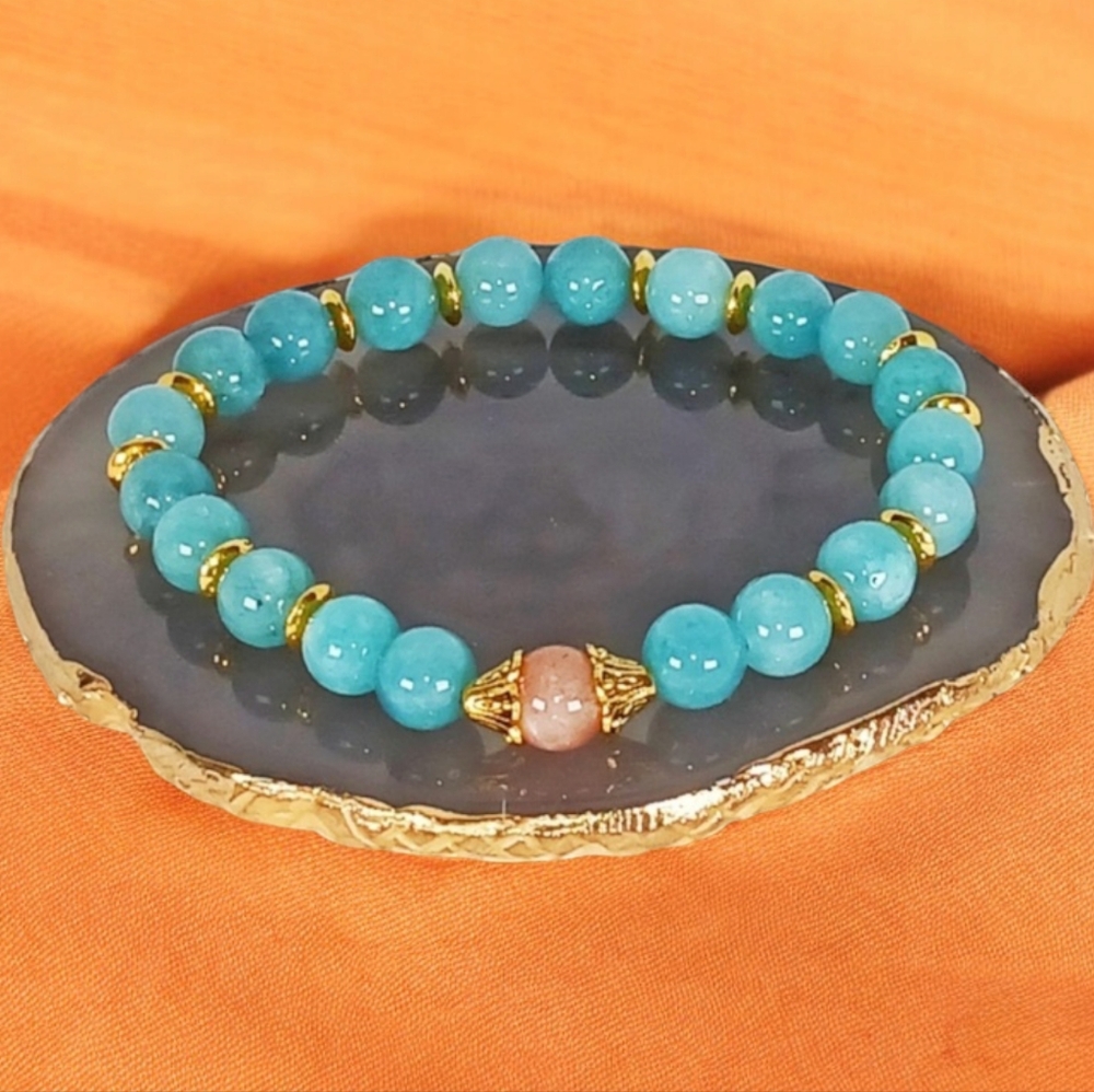 Teal Blue Chalcedony Sunstone Crystal Bracelet Pastel Southwest Boho Chic Y2k